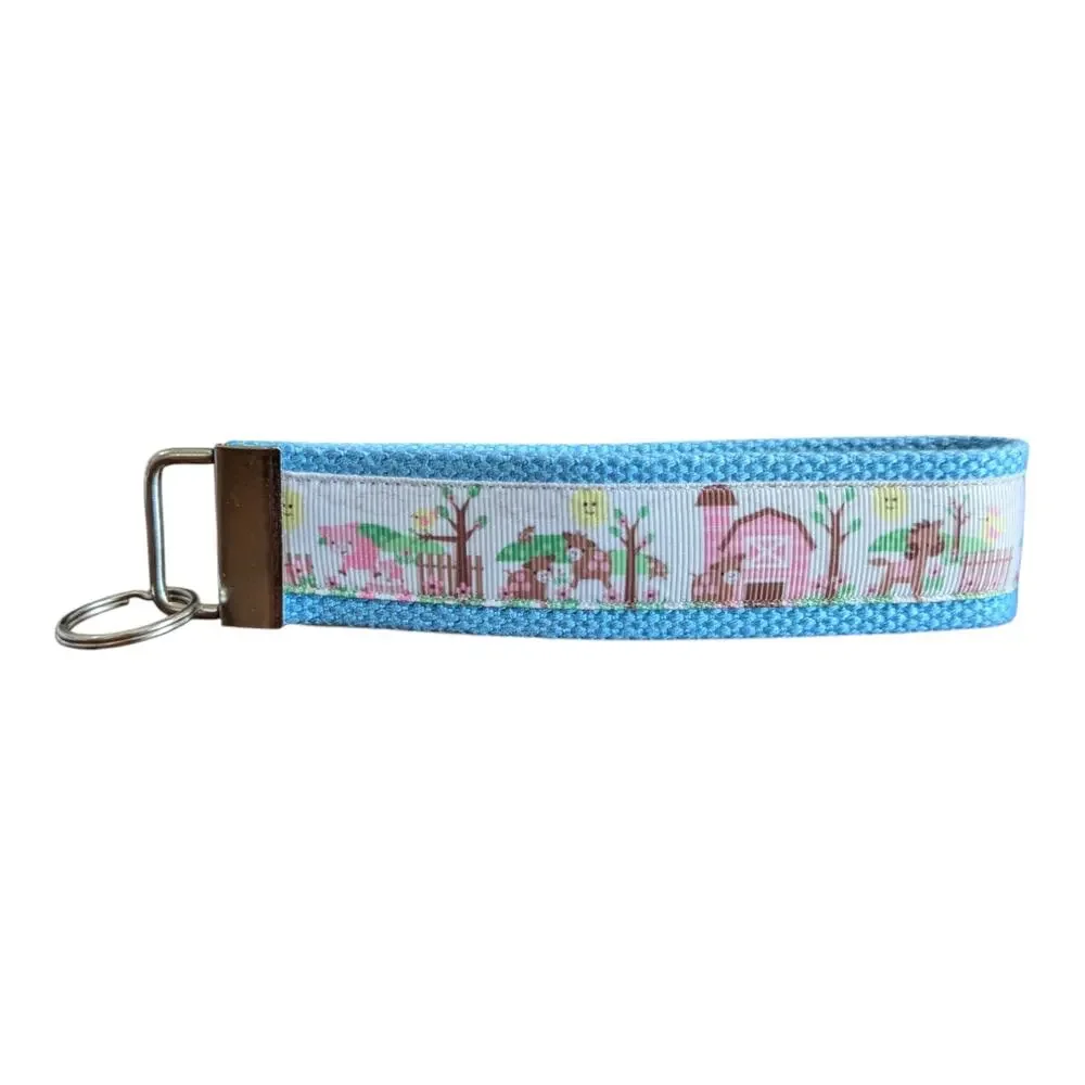 Farm Keychain Wristlet Handmade Boho Fabric Key FOB Gift Present‎ Barn Silo Cows